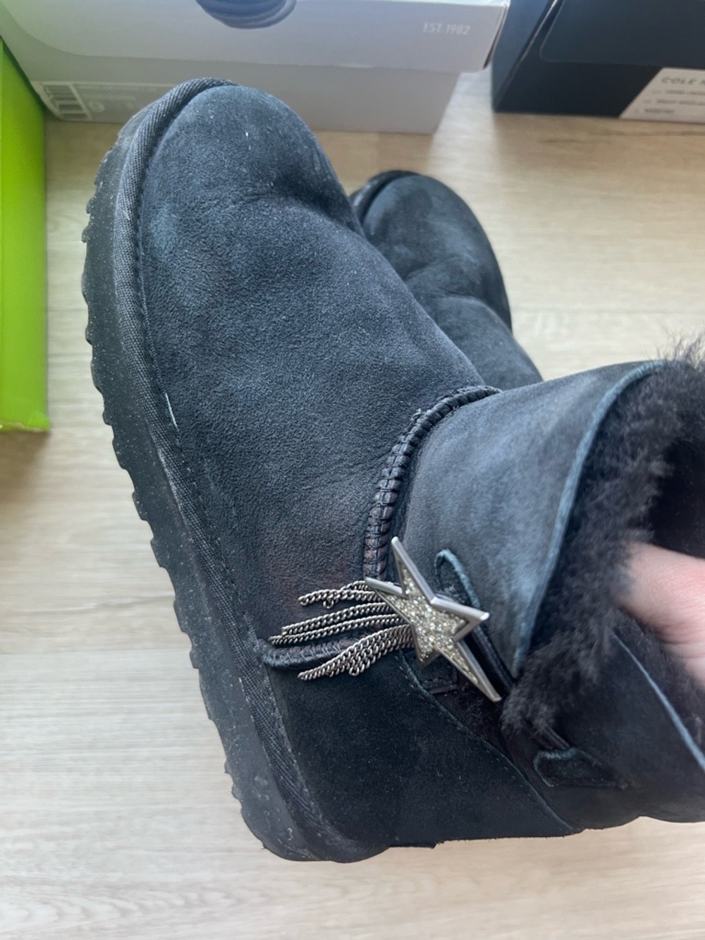 UGG Y2K Black Suede w Silver Star Charm Booties Snow Boots – Size 8 - Picture 5 of 6